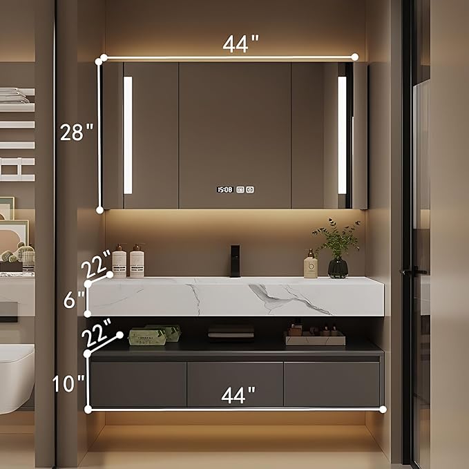 Bathroom Vanity with Sink - Single/Double Sink Bathroom Vanity Cabinet & LED Smart Defogger Mirror Cabinet Set, Modern Floating Vanity, Wall-Mounted Installation (44",Single Sink)
