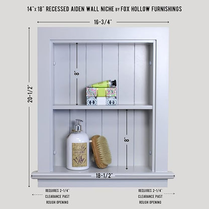 Fox Hollow Furnishings 14x18 Aiden Recessed Wall Niche Medicine Cabinet Replacement, in The Wall Bathroom Cabinet Insert Shelf/Shelves, Made in North America, Real Wood, NO MDF, Beadboard, Light Gray