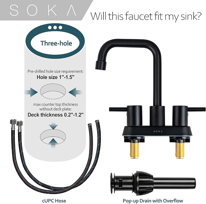 SOKA Centerset Bathroom Faucet 2 Handles 4 Inch Commercial Hand Sink Touch Faucets 3 Hole Bathroom Sink Faucet