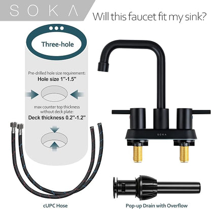 SOKA Centerset Bathroom Faucet 2 Handles 4 Inch Commercial Hand Sink Touch Faucets 3 Hole Bathroom Sink Faucet