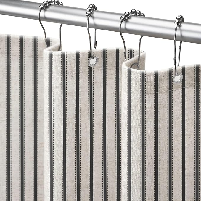 Farmhouse Striped Shower Curtain Black Vintage Linen Curtain 72"W X 72"L | Striped Shower Curtains with Linen Texture for Bathroom Decor