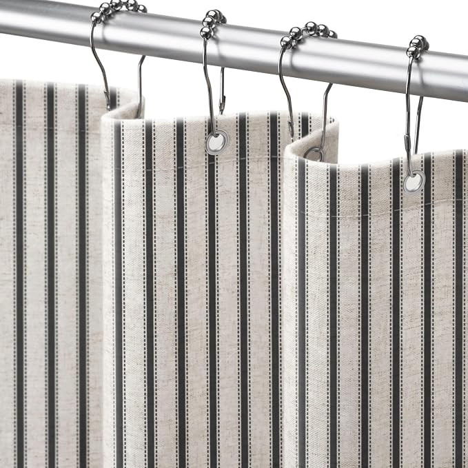 Farmhouse Striped Shower Curtain Black Vintage Linen Curtain 60"W X 72"L | Striped Shower Curtains with Linen Texture for Bathroom Decor