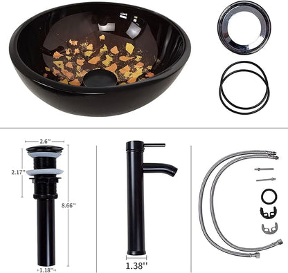 Vessel Sink 12" Bathroom Sinks Tempered Glass Brown Art Basin Round Bowl with Faucet Combo, Brown