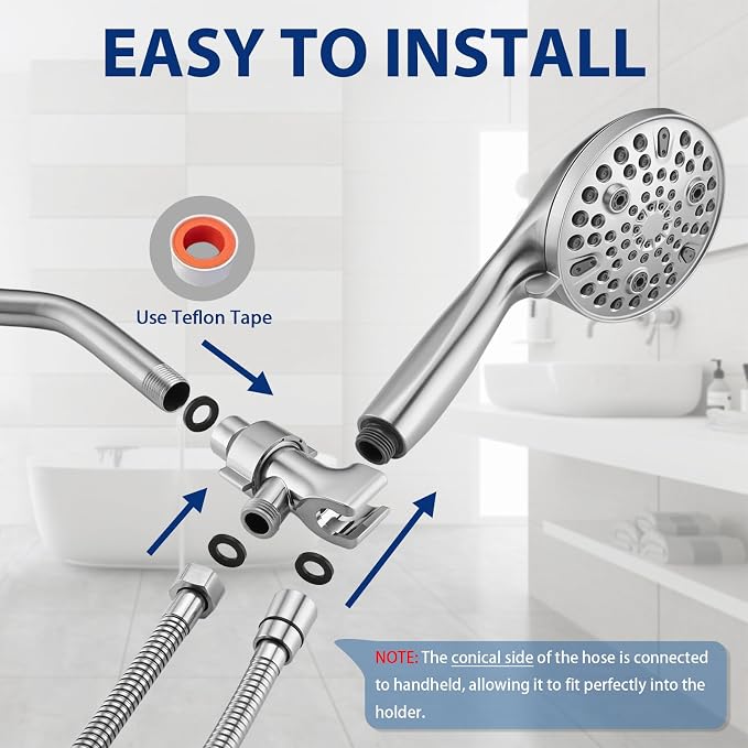 High Pressure 10 Setting Handheld Shower Head, 5" Detachable Showerhead Spray Built-in Power Wash to Clean Tub, Tile & Pets, 79" Extra Long Stainless Steel Hose, Adjustable Bracket - Chrome