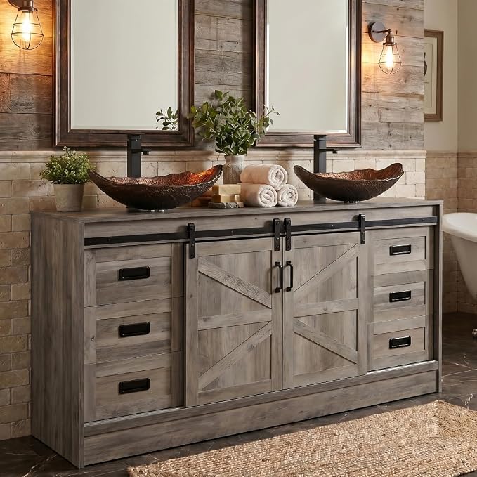 60" Barn Door Bathroom Vanity with 6 Drawers and Two Doors, Farmhouse Style Standing Pedestal Cabinet with Two Brown Leaf Vessel Sinks