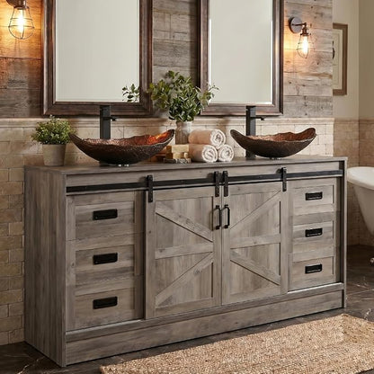60" Barn Door Bathroom Vanity with 6 Drawers and Two Doors, Farmhouse Style Standing Pedestal Cabinet with Two Brown Leaf Vessel Sinks