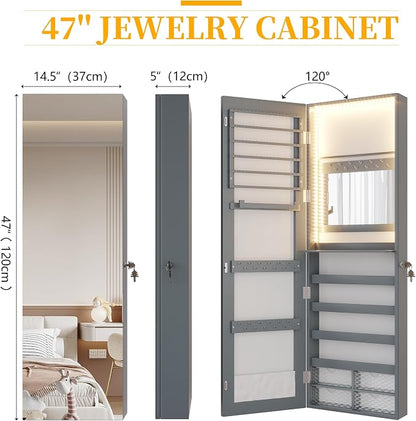 47.2" LED Jewelry Mirror Cabinet, Wall/Door Mounted Jewelry Armoire Organizer with Full Length Mirror, Large Storage Hanging Cabinet, 4 Drawers, 5 Shelves, Built-in Lighted Mirror (Grey)