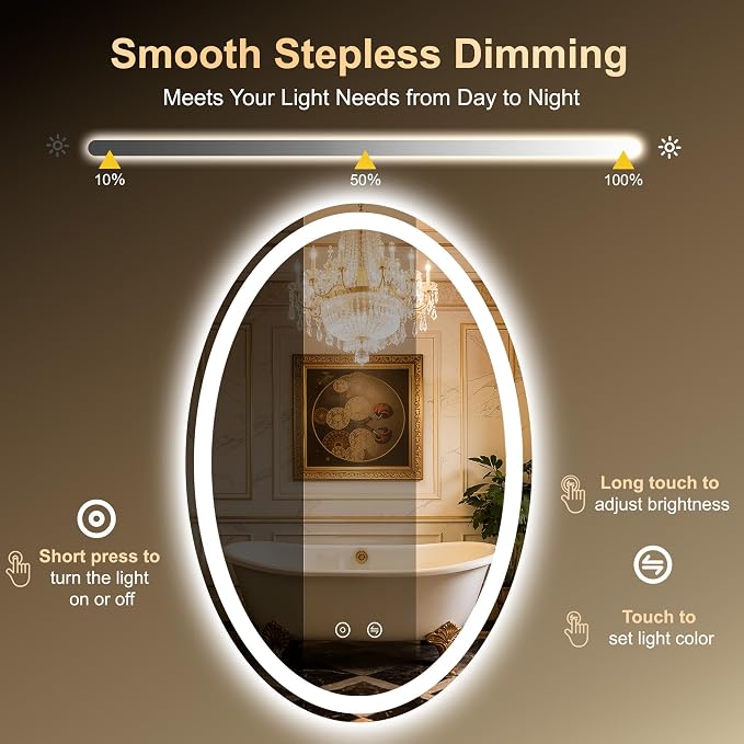 Oval LED Mirror for Bathroom,24x36 Lighted Vanity Mirror with Lights | Smart Anti-Fog, Dimmable 3 Color Modes, Backlit+Frontlit, Memory Function, HD Tempered Glass,Touch Sensor,Horizontal/Vertical