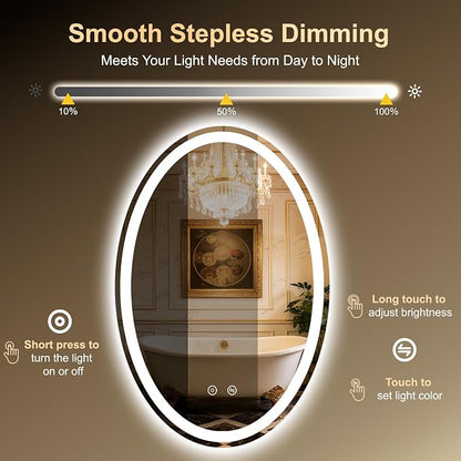 Oval LED Mirror for Bathroom,24x36 Lighted Vanity Mirror with Lights | Smart Anti-Fog, Dimmable 3 Color Modes, Backlit+Frontlit, Memory Function, HD Tempered Glass,Touch Sensor,Horizontal/Vertical