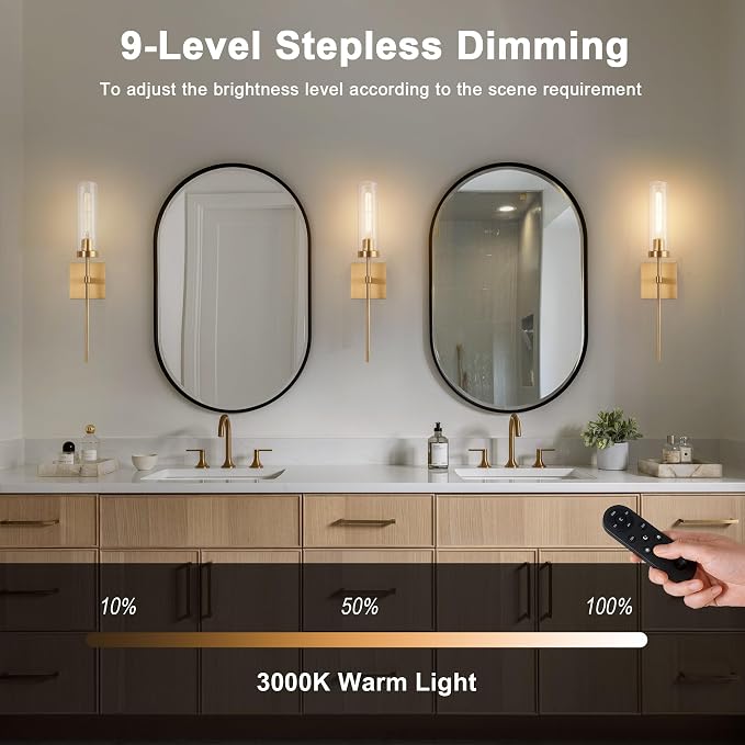 Wireless Wall Sconces with Remote Control, Brushed Gold Battery Operated Wall Sconce Set of 2, Dimmable Rechargeable Wall Decor Lights for Living room Dining room Bathroom Bedroom Hallway Stairwell