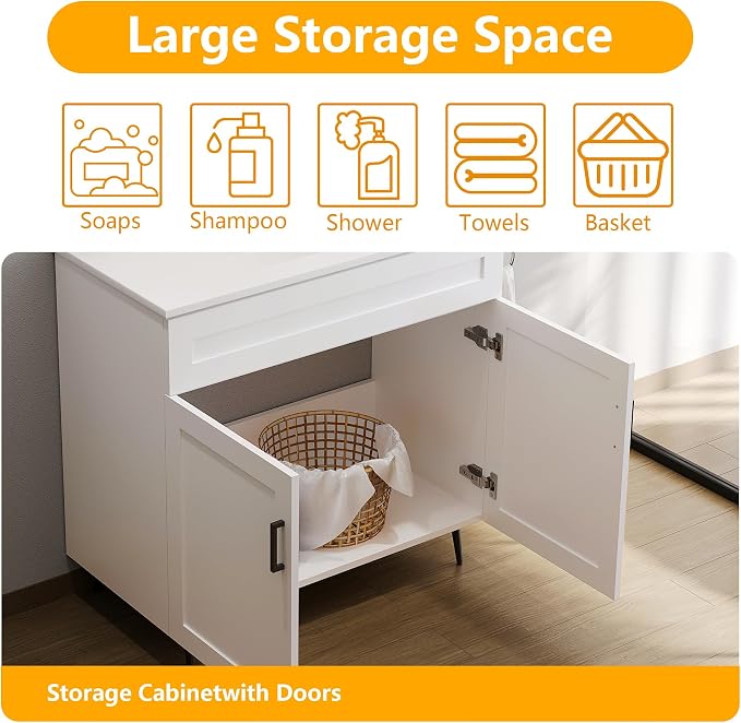 36 Inch Bathroom Vanity, Freestanding Wooden Bathroom Vanity with 2 Doors and Metal Legs, Bathroom Cabinet Vanity Without Ceramic Sink (White Without Sink, 36")