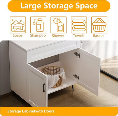 36 Inch Bathroom Vanity, Freestanding Wooden Bathroom Vanity with 2 Doors and Metal Legs, Bathroom Cabinet Vanity Without Ceramic Sink (White Without Sink, 36")