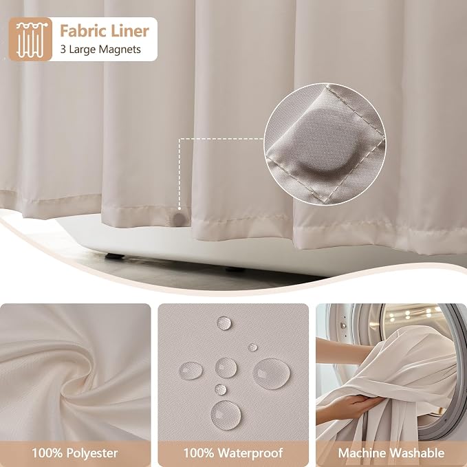Seenus Boho Farmhouse Shower Curtain and Fabric Liner Set, Heavyweight Linen Textured Fabric Shower Curtain Taupe with Tassels, 2 in 1 Waterproof Fabric Shower Curtain Set for Bathroom, 72x72 Inch
