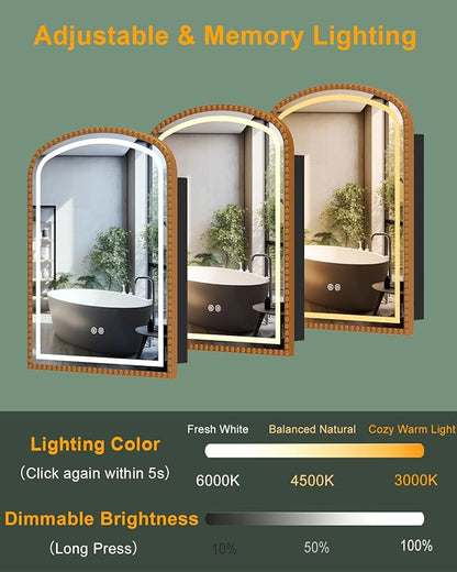 20x28 Inch Arched Medicine Cabinet with Mirror and Lights, LED Bathroom Mirror Cabinet with Defogging & Touch Light, Surface Mount and Recessed with 1 Storage Organizer, Daisy Beaded Frame Bling Gold
