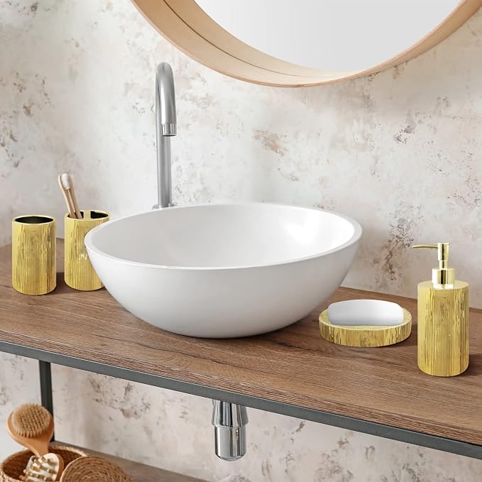 Blue Donuts Bathroom Accessories Set, Toothbrush Holder, Soap Dispenser, Gold, Ceramic, 4 Piece