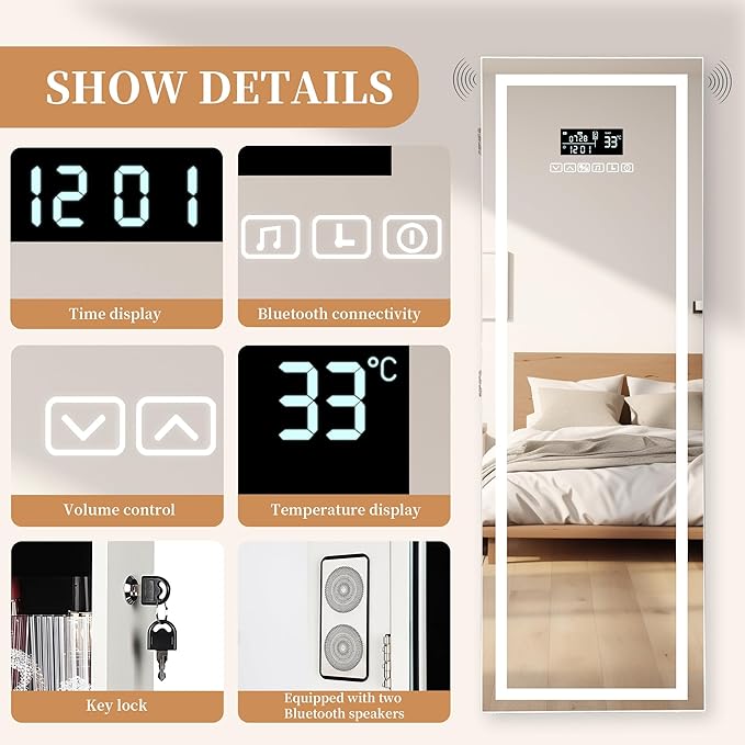 LED Mirror Jewelry Cabinet, Bluetooth Speaker, Full Length Mirror, White | Touch Screen, Defogging, Color Temperature & Timer Control; Lockable Storage with 2 Drawers; Wall or Door Mounted; 42.2" Tall