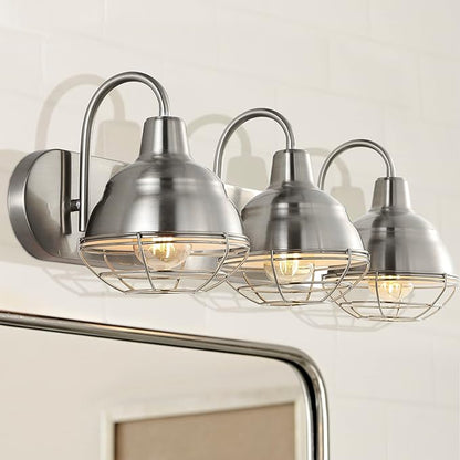 JONATHAN Y 24.5" Nickel 3-Light Industrial Farmhouse Vanity Light for Bathroom Mirror, Rustic Metal Wall Sconce Fixture, Iron Caged Shade, LED Bulbs Included (JYL1120B)