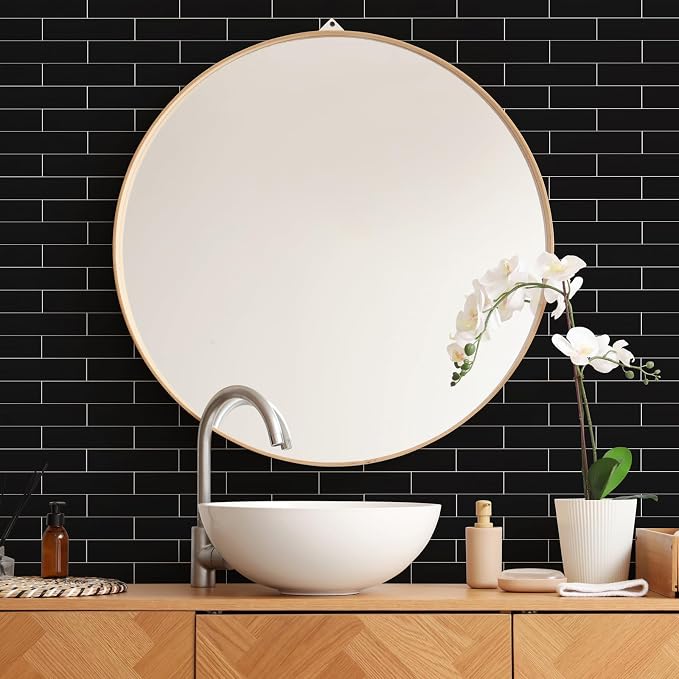 80-Piece Polished Black Thick PVC Peel and Stick Backsplash, 2" x 8" Waterproof Subway Tile Peel and Stick Wall Tiles for Kitchen and Bathroom