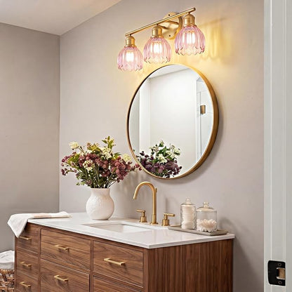 Bathroom Light Fixtures, 3-Light Brushed Gold Vanity Lights for Bathroom with Pink Tulip Glass Shade, 20" Vintage Bathroom Vanity Lighting Fixtures Over Mirror for Bedroom Living Room Hallway