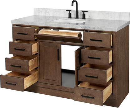 DKB Isabella 54-Inch Brown Oak Single Bathroom Vanity with Sink, 1.5-Inch Edge Italian Carrara Marble Countertop & 4" Backsplash, Soft-Closing Doors & Drawers, Solid Oak Wood Construction