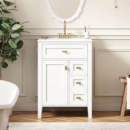 Merax 24 Inch Bathroom Vanities with Undermount Ceramic Sink, Tip-Over Drawer and Side Drawers, Soft Closing Door with Shelf, Solid Wood Frame, White