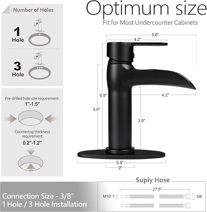 Matte Black Bathroom Faucet Waterfall Bathroom Sink Faucets Single Handle Single Hole Lavatory Washbasin Faucet with Pop Up Drain, Modern Vanity Sink Faucet