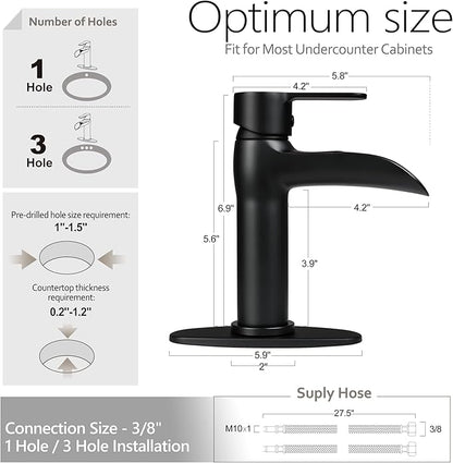 Matte Black Bathroom Faucet Waterfall Bathroom Sink Faucets Single Handle Single Hole Lavatory Washbasin Faucet with Pop Up Drain, Modern Vanity Sink Faucet