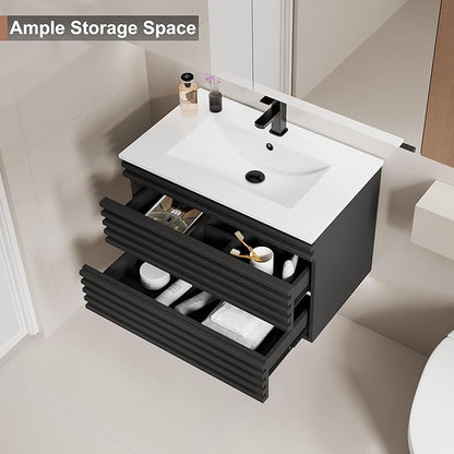 LUCKWIND 30" Floating Bathroom Vanity with Sink, Mid-Century Wall Mounted Big Drawer Cabinet with Large Sink, Water Saving Faucet and Wood Stripes Style, Black