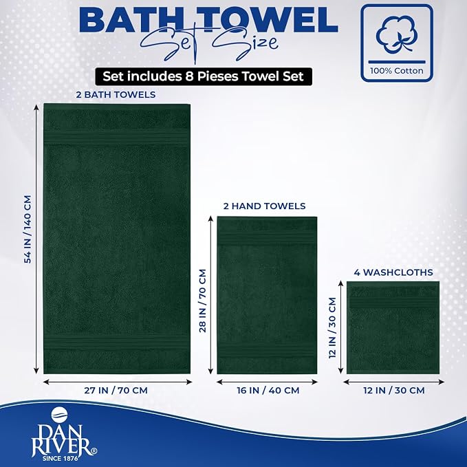 DAN RIVER 8 Piece Luxury Bath Towels for Bathroom, Towel Set, Hunter Green | 2 Bath towels, 2 Hand towels, and 4 Wash Cloths, 600 GSM 100% Ring Spun Cotton, Highly Absorbent, Gym, Hotel, guest, and Spa
