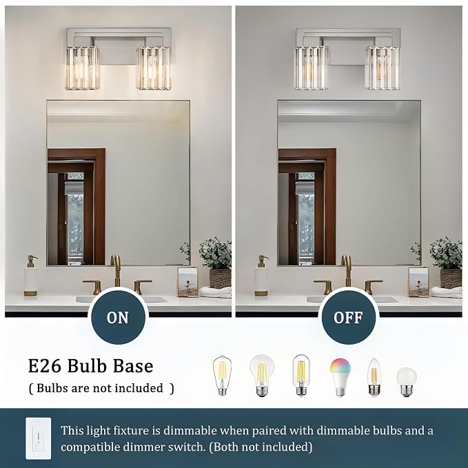 Brushed Nickel Bathroom Light Fixtures, 2-Light Vanity Light Over Mirror | Wall Sconces with Square Crystal Shades, E26 Socket, Modern Vanity Lights for Bathroom (Bulbs Not Included)