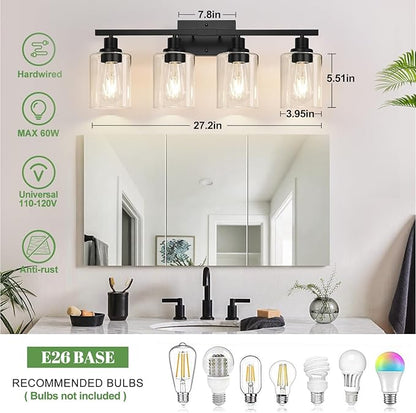 4-Light Bathroom Light Fixtures, Vanity Light with Clear Glass Shades, Matte Black Bathroom Light Fixtures Over Mirror, Modern Bathroom Wall Lamp for Mirror Living Room Cabinet Bedroom