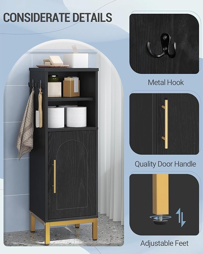 Bathroom Storage Cabinet, Corner Floor Cabinet with Door & Shelves, 2Hooks, Small Narrow Storage Organizer, Toilet Paper Cabinets for Small Space, Black SC06304GV1