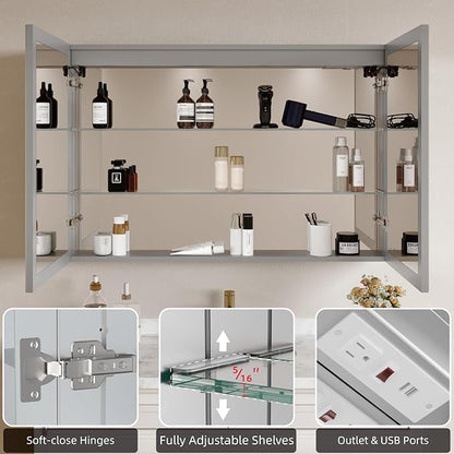 Buruis 36'' x 32'' Medicine Cabinet with Lights and Mirrors, Recessed or Wall Mounted Modern Bathroom Cabinet with 3-Mode Light, Anti-Fog, Dimmable, Memory Function, Outlet, Silver