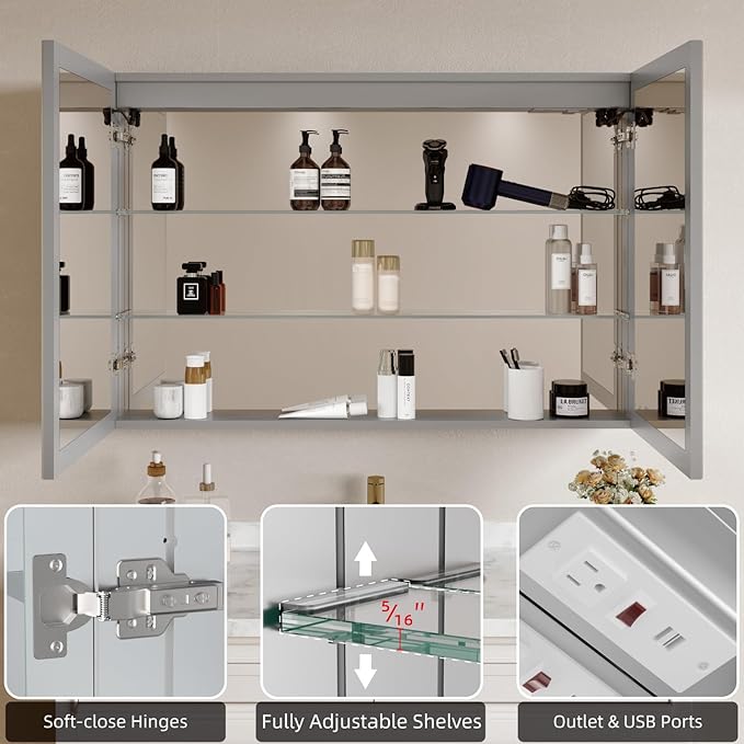 Buruis 48'' x 32'' Medicine Cabinet with Lights and Mirrors, Recessed or Wall Mounted Modern Bathroom Cabinet with 3-Mode Light, Anti-Fog, Dimmable, Memory Function, Outlet, Silver