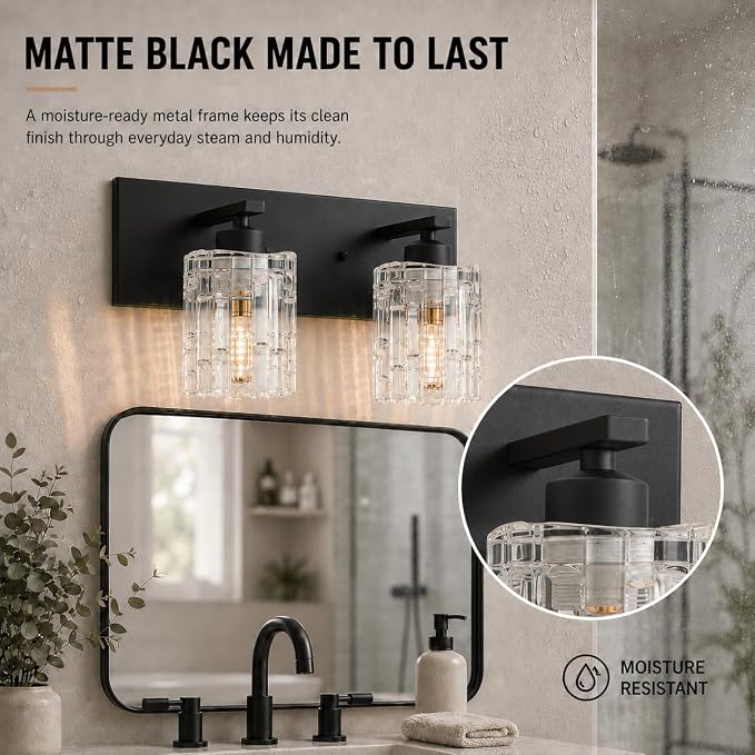 Matte Black Crystal Bathroom Vanity Light,2 Lights Modern Bathroom Wall Light,Over Mirror Light Fixtures for Living Room, Bedroom, Hallway