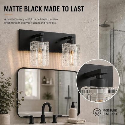 Matte Black Crystal Bathroom Vanity Light,2 Lights Modern Bathroom Wall Light,Over Mirror Light Fixtures for Living Room, Bedroom, Hallway