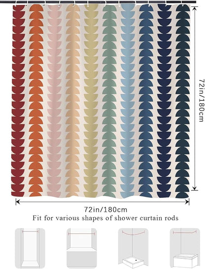 Modern Geometric Shower Curtain, Vintage Rainbow Mid-Century Abstract Art Design Bath Curtains for Bathroom, Colorful Semicircular Pattern Waterproof Polyester Fabric Bathroom Set 12 Hooks 72X72IN