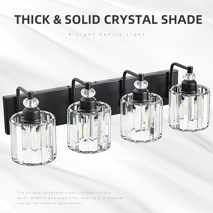 4-Light Black Bathroom Light Fixtures Over Mirror Modern Vanity Lights Crystal Wall Sconce Vintage Bathroom Lighting with Crystal Shade E26 Base for Bedroom, Living Room, Hallway
