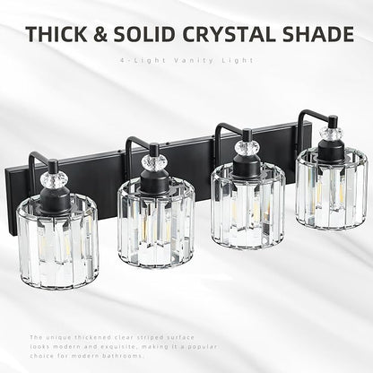 4-Light Black Bathroom Light Fixtures Over Mirror Modern Vanity Lights Crystal Wall Sconce Vintage Bathroom Lighting with Crystal Shade E26 Base for Bedroom, Living Room, Hallway