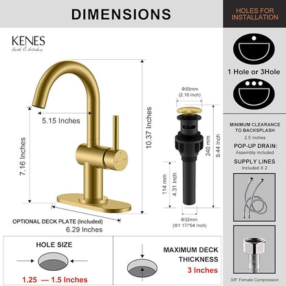 Brushed Gold Single Handle Bathroom Faucet, Single Hole Vanity Faucet | Bathroom Sink Faucet with Pop Up Drain & 6 Inch Deck Plate, Lead-Free cUPC & NSF Certified, 1 Handle Faucet for Vanity RV Bar