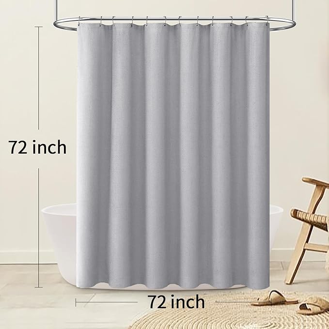 Linen Shower Curtain Grey, Fabric Boho Farmhouse Shower Curtains for Bathroom Cotton Natural Cloth Liner Set 72" W x 72" L