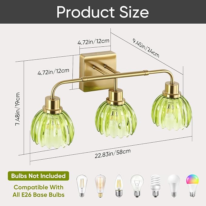 Ralbay Vintage Bathroom Light Fixtures,Gold Bathroom Vanity Light,Matte Antique Brass Finish with Green Crystal Glass Shade,Wall Sconces Lighting for Bedroom,Living Room,Hallway(3-Light)