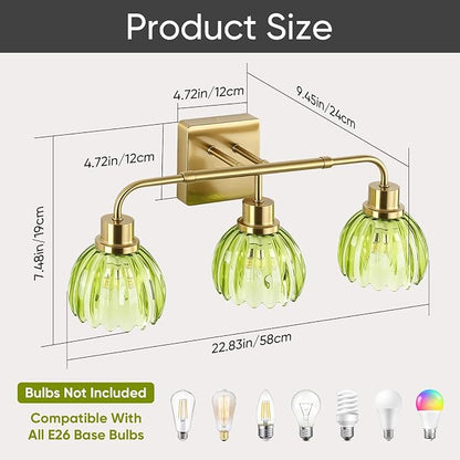 Ralbay Vintage Bathroom Light Fixtures,Gold Bathroom Vanity Light,Matte Antique Brass Finish with Green Crystal Glass Shade,Wall Sconces Lighting for Bedroom,Living Room,Hallway(3-Light)