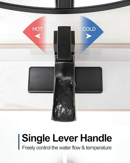 Brass Bathroom Waterfall Faucet, Oil Rubbed Bronze Bathroom Faucet 1 Hole or 3 Holes (4 Inch), Single Handle with Deck Plate, Pop-Up Drain & Water Hoses for RV Vanity Farmhouse, 5 Mins Install
