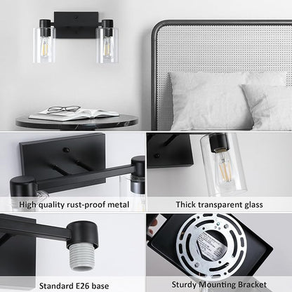 2 Pack Matte Black Bathroom Light Fixtures,2-Light Bathroom Vanity Light with Clear Glass Shade,Modern Farmhouse Wall Sconces Lighting for Bedroom Cabinet Over Mirror Kitchen Living Room