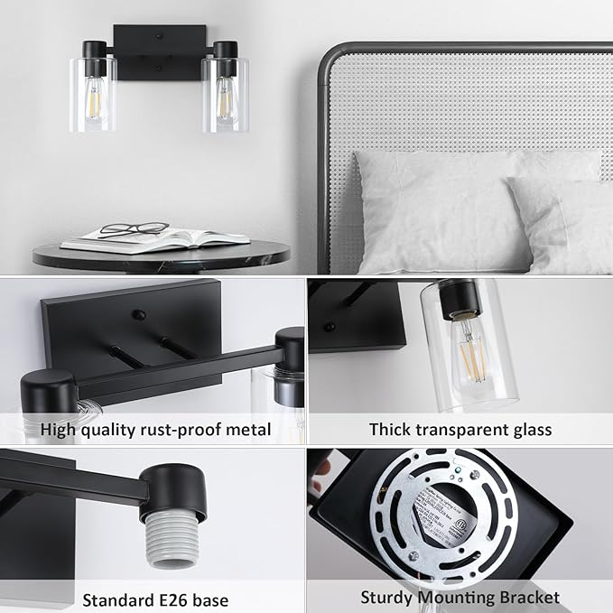 Matte Black Bathroom Light Fixtures,2-Light Bathroom Vanity Light Over Mirror with Clear Glass Shade,Modern Farmhouse Wall Sconces Lighting for Bedroom Cabinet Kitchen Living Room