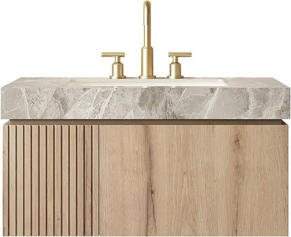 KEIKI 36 Inch Floating Bathroom Vanity with Sink, White Oak & Grey | Modern Wall Mounted Storage Cabinet w/ Drawer & Door, Pre-assembled Wood Panels, Sintered Stone Top & Ceramic Basin Combo Set
