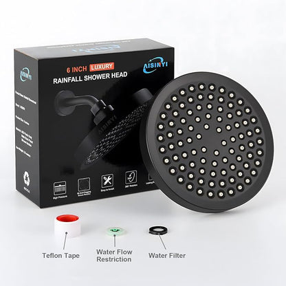 6" High Pressure Rain Shower Head, Luxury Matte Black Finish | 6 Inch Fixed Bathroom Showerhead, Adjustable Replacement, 90 Anti-Clog Nozzles, Removable Restrictor, Tool-Free Easy Install