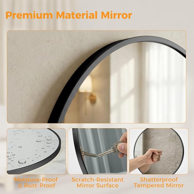 Sweetcrispy Round Bathroom Wall Mirror, Vanity Mirror, 20 Inch | Matte Metal Frame, Home Decor Circle Mirrors for Bathroom Sink, Entryway, Bedroom, Black