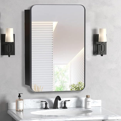 16x20 inch Black Medicine Cabinet with Mirror Farmhouse Metal Framed Cabinet Surface or Recessed Installation Rounded Rectangle Bathroom Medicine Cabinet